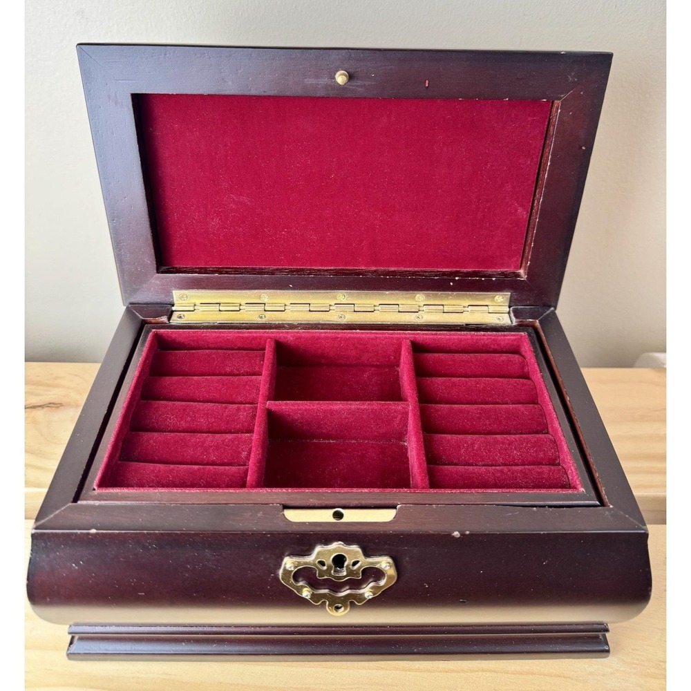 VTG Bombay Style Wooden Jewelry Box  Brass Cherry‎ Tone Red Velvet Interior - Picture 2 of 10